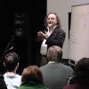 Guest composer Brian Ferneyhough presenting a lecture on his music for Music Now (March 2003). 