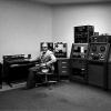 Faculty composer and CEMI co-director Larry Austin in the CEMI tape studio (1983) 